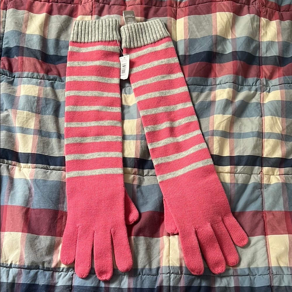 Pink and Gray Striped Gloves